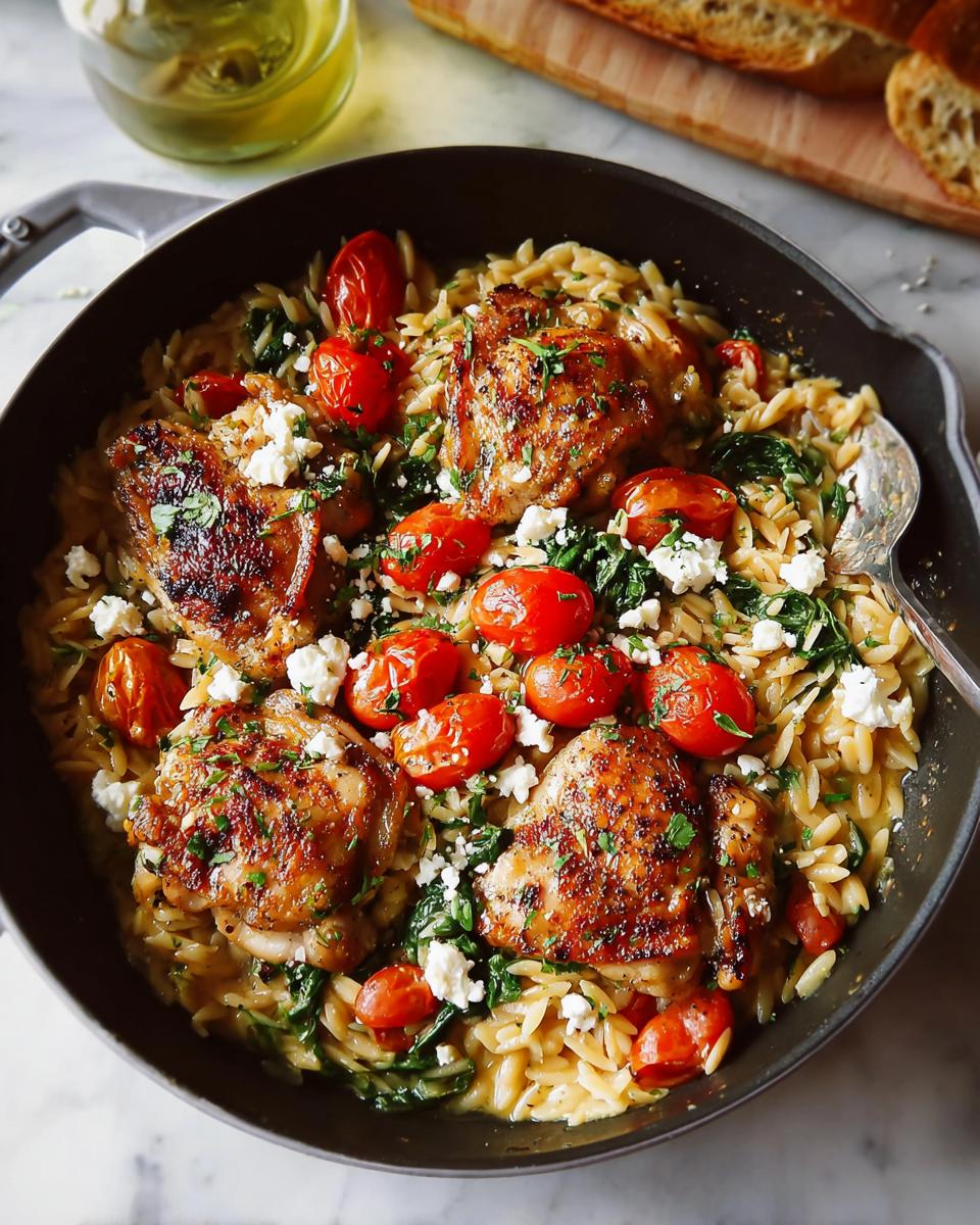 A skillet filled with a cozy chicken thigh recipe, featuring orzo pasta, cherry tomatoes, spinach, and feta cheese.