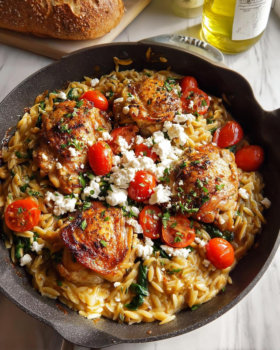 A skillet filled with orzo pasta, topped with seared chicken thighs, cherry tomatoes, crumbled feta cheese, and fresh parsley.