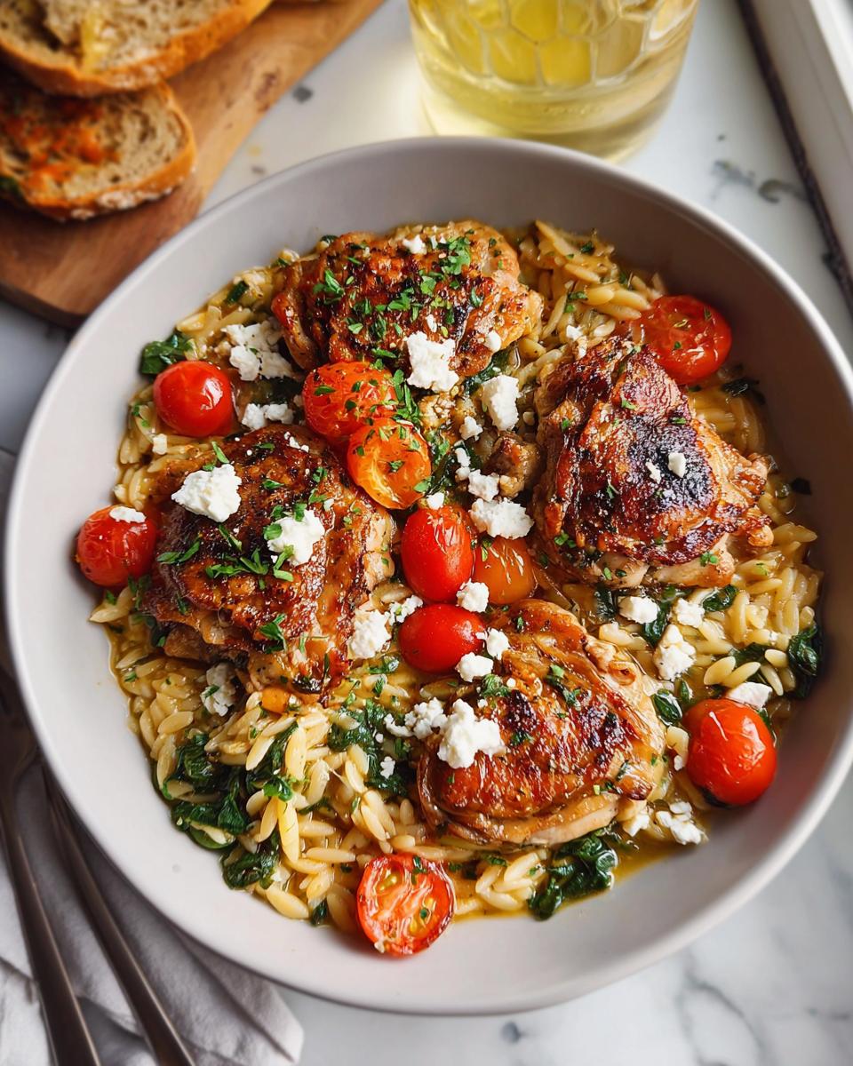 A comforting bowl of orzo pasta with tender chicken thighs, cherry tomatoes, spinach, and crumbled feta cheese, perfect for cozy chicken thigh recipes.