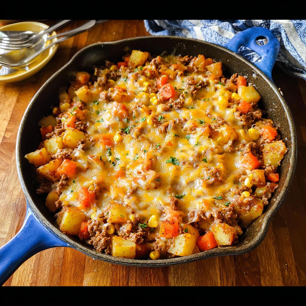 A hearty skillet dinner featuring ground beef, potatoes, carrots, and corn, topped with melted cheese. Cozy ground beef recipes for cold evenings.