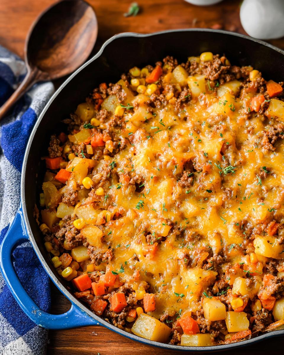 A hearty skillet dinner featuring ground beef, potatoes, carrots, and corn topped with melted cheese, perfect for cozy ground beef recipes.