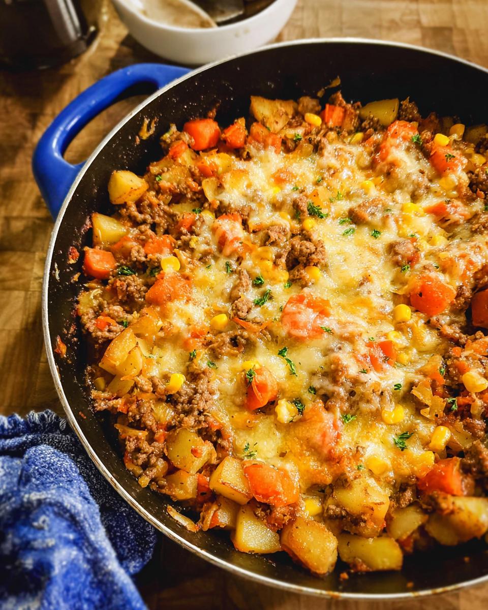 A close-up of a hearty ground beef skillet dinner, featuring potatoes, carrots, corn, and melted cheese, perfect for cozy ground beef recipes for cold evenings.