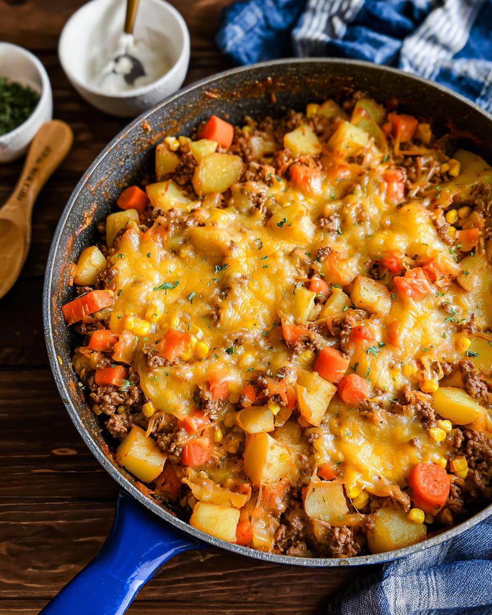 A close-up of a cozy ground beef skillet dinner, featuring ground beef, potatoes, carrots, corn, and melted cheese.
