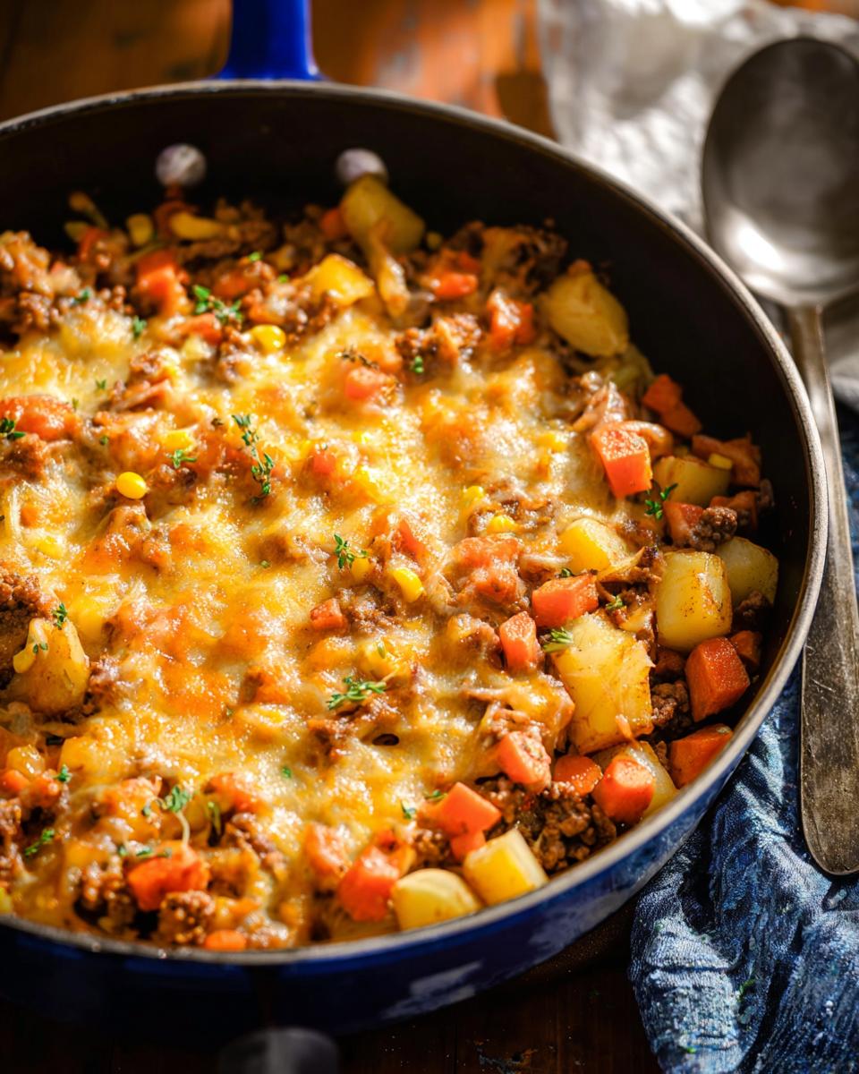 Close-up of a cozy ground beef skillet recipe with potatoes, carrots, corn, and melted cheese topping.