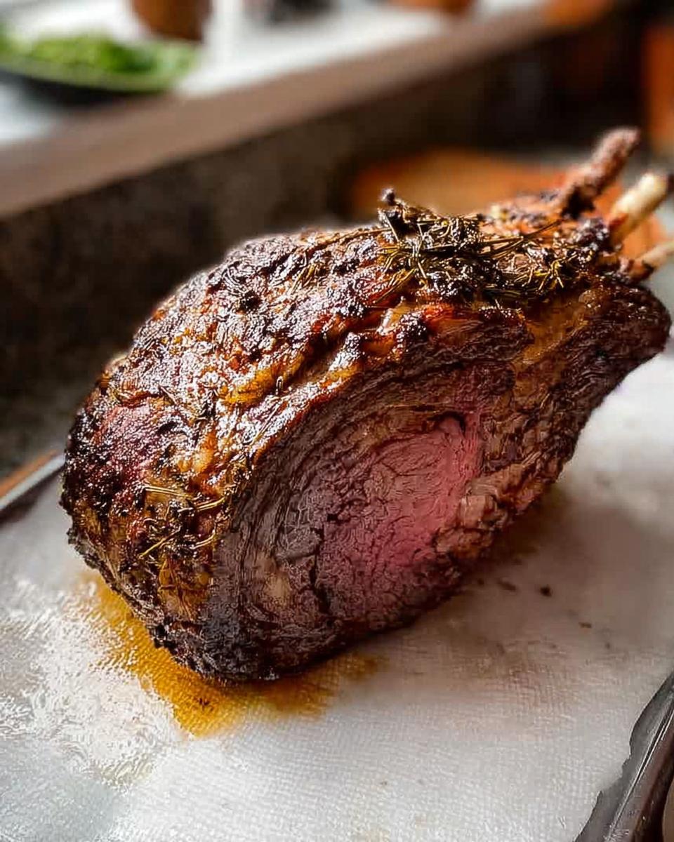A perfectly cooked, juicy Cozy Prime Rib roast with a browned crust and visible herbs, ready for a cold evening meal.