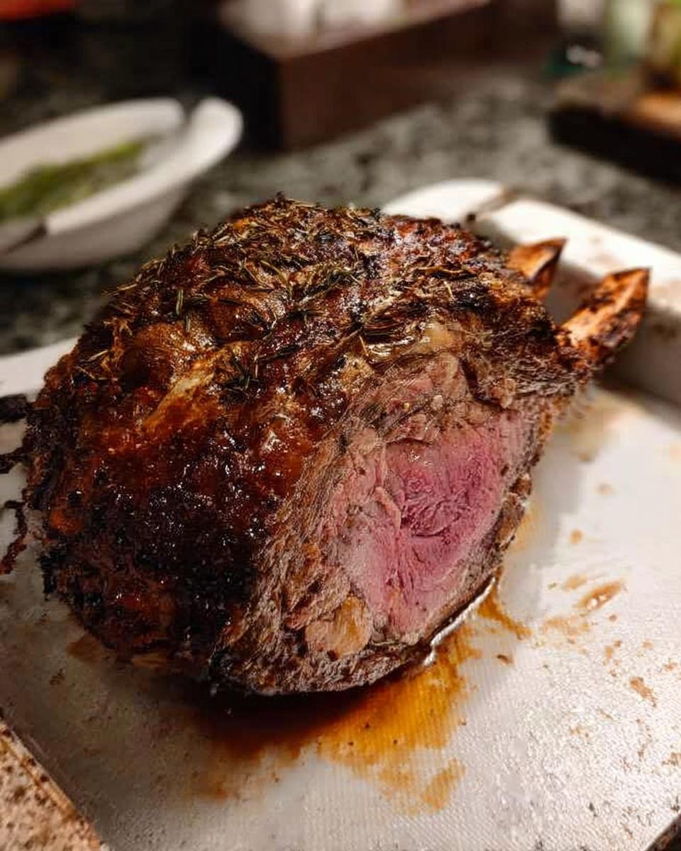 A perfectly cooked, juicy Cozy Prime Rib for Cold Evenings, with a rich brown crust and pink interior, resting on a cutting board.