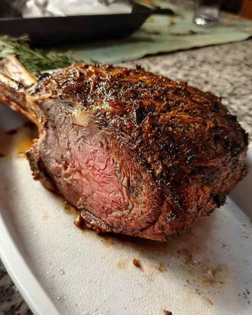 A perfectly cooked, juicy prime rib roast with a dark, seasoned crust, ready for a cold evening meal.