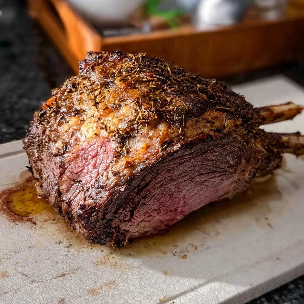 A perfectly roasted Cozy Prime Rib for Cold Evenings, with a juicy pink center and herb-crusted exterior.