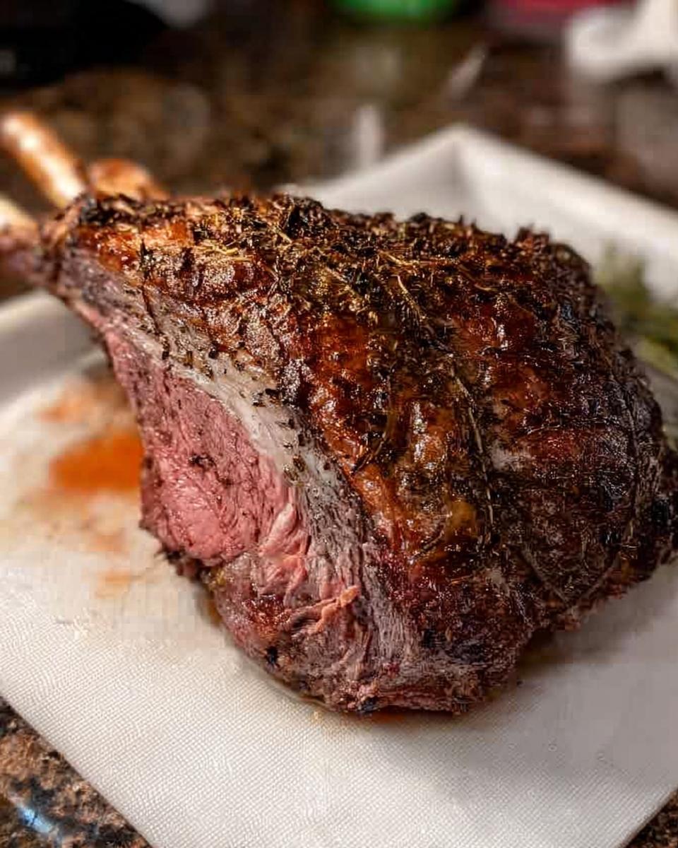 A beautifully roasted Cozy Prime Rib, perfect for cold evenings, with a rich brown crust and pink, juicy interior.