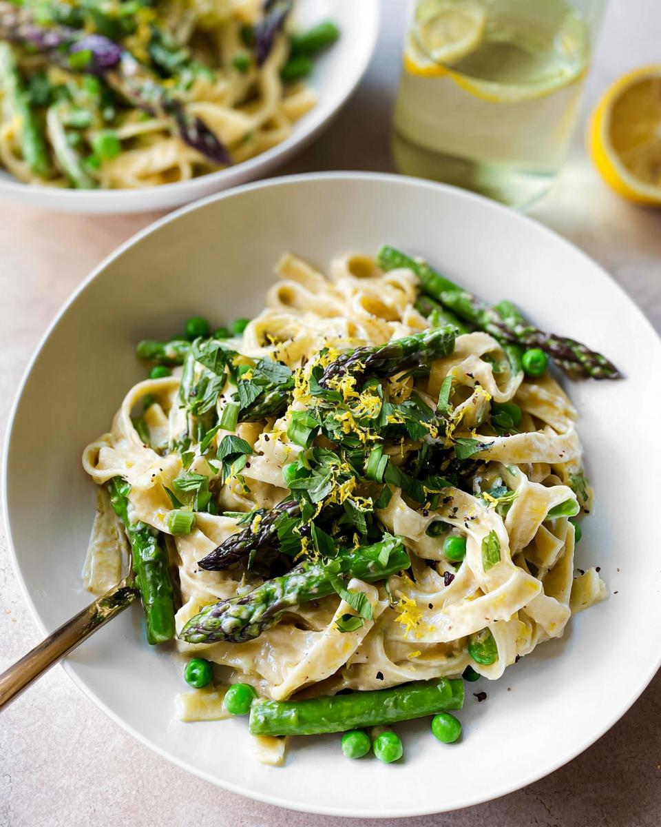 Close-up of creamy fettuccine pasta with asparagus and peas, a perfect dish for simple dinner recipes at home.