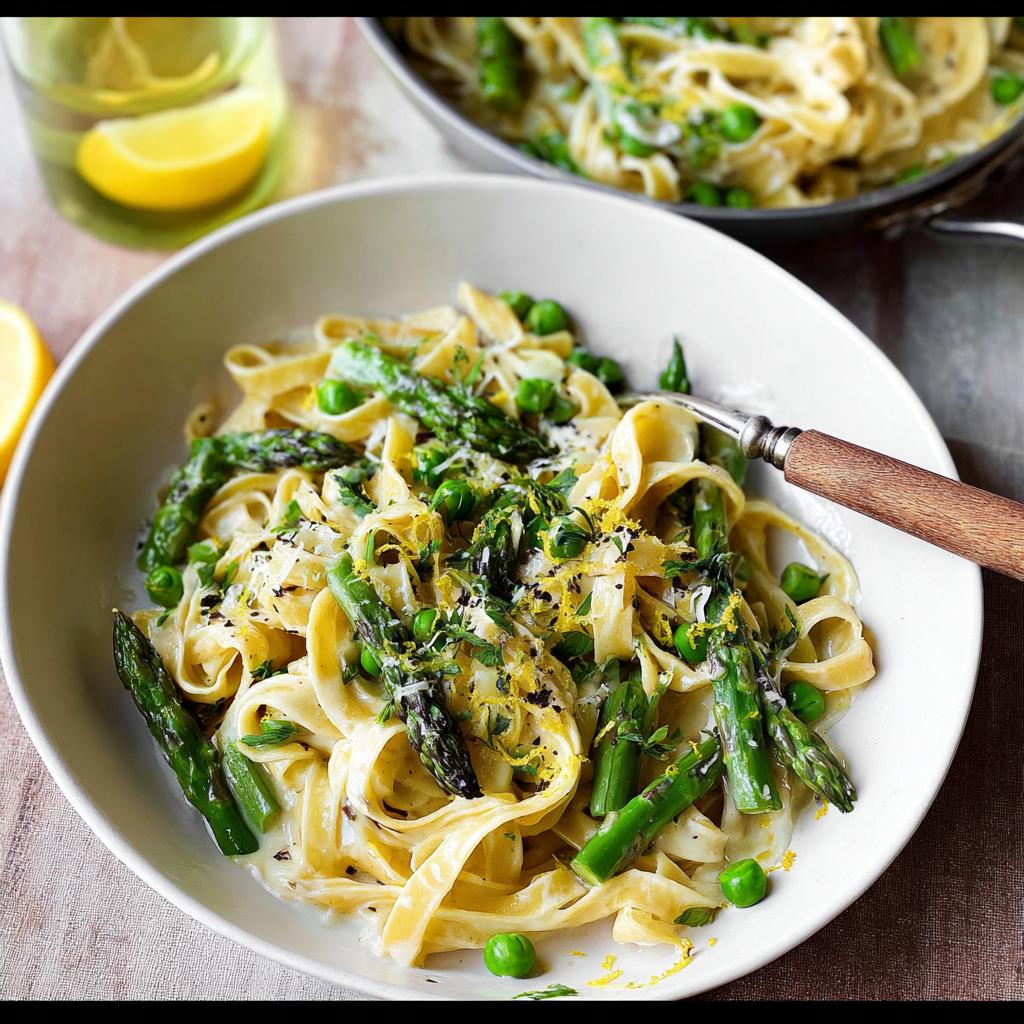 A bowl of creamy fettuccine pasta with asparagus and peas, a perfect dish for simple dinner recipes at home.