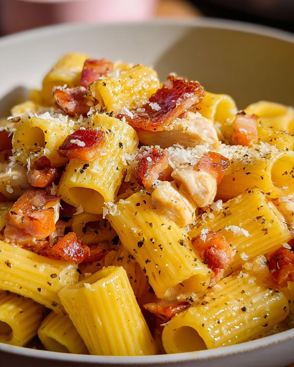 Close-up of creamy chicken and bacon pasta, a perfect dish from the best pasta recipes for busy nights.