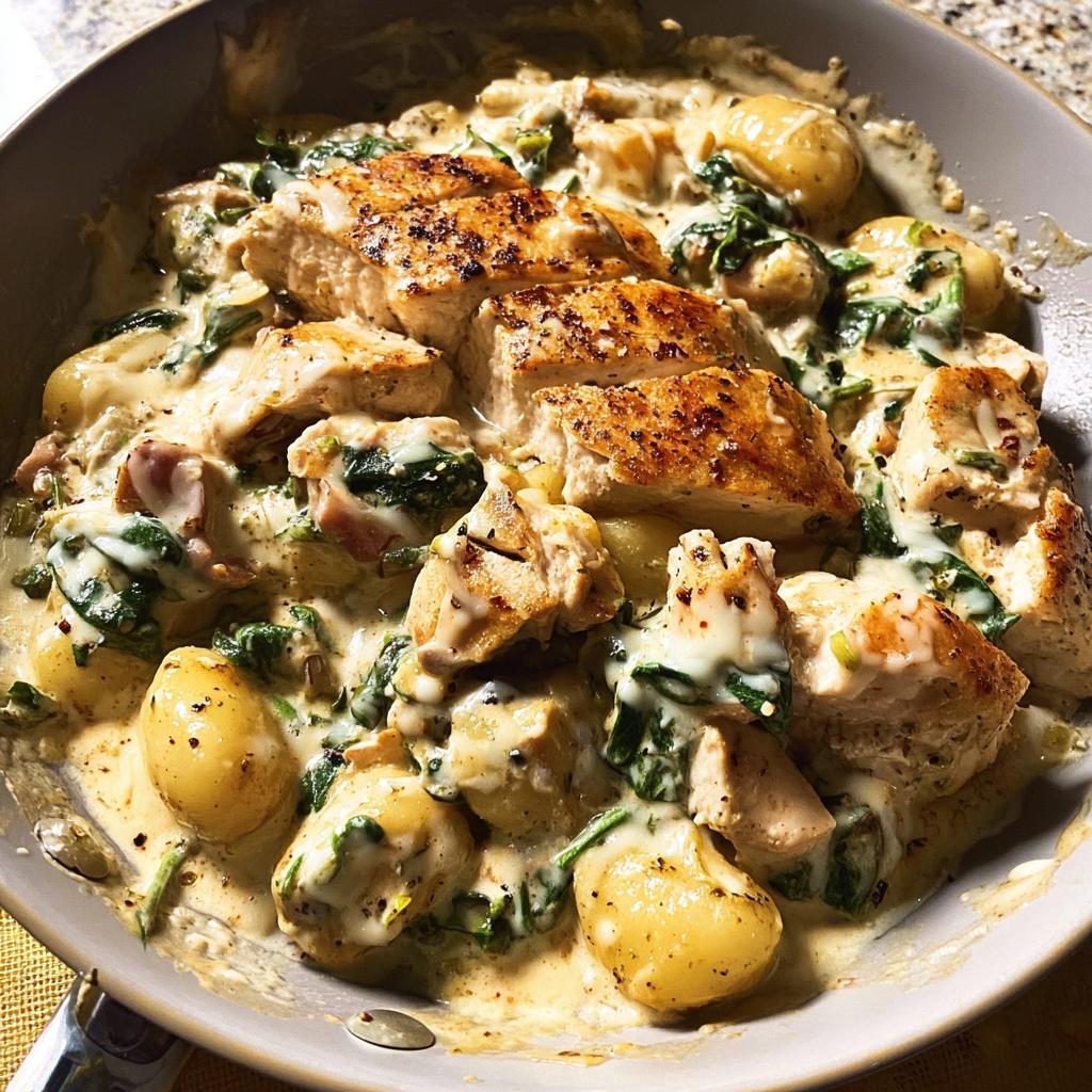 Close-up of creamy chicken and gnocchi pasta with spinach in a skillet, part of the Ultimate Pasta Recipes Guide.