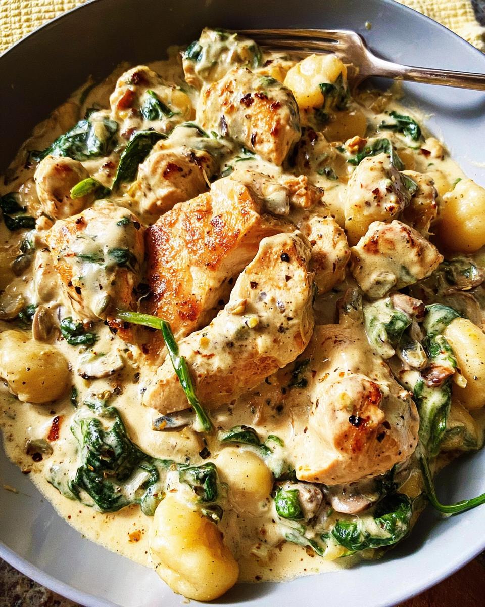 Close-up of creamy chicken gnocchi with spinach and mushrooms, a delicious pasta dish.