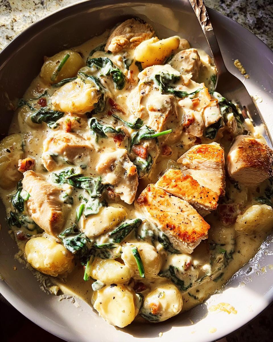A bowl of creamy chicken gnocchi with spinach and bacon, a delicious pasta recipe.
