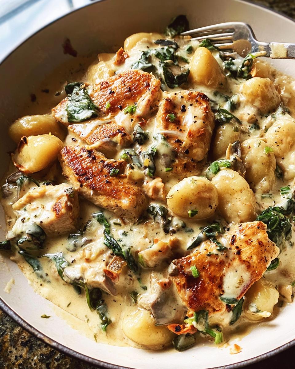 Close-up of creamy chicken gnocchi with spinach and mushrooms in a rich sauce.