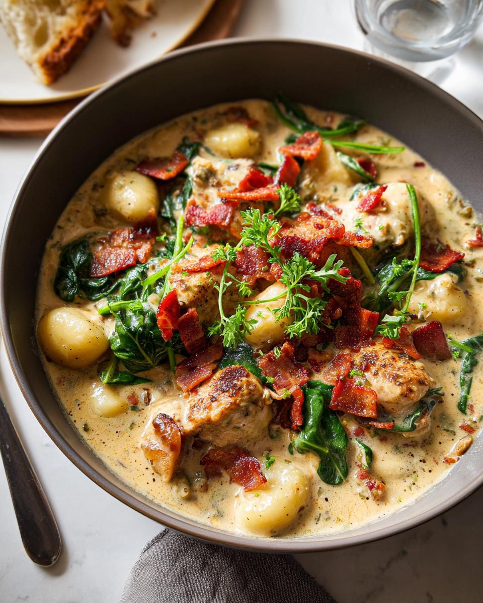 A hearty bowl of creamy chicken thighs with gnocchi, spinach, and crispy bacon, a perfect example of comforting chicken thigh recipes.
