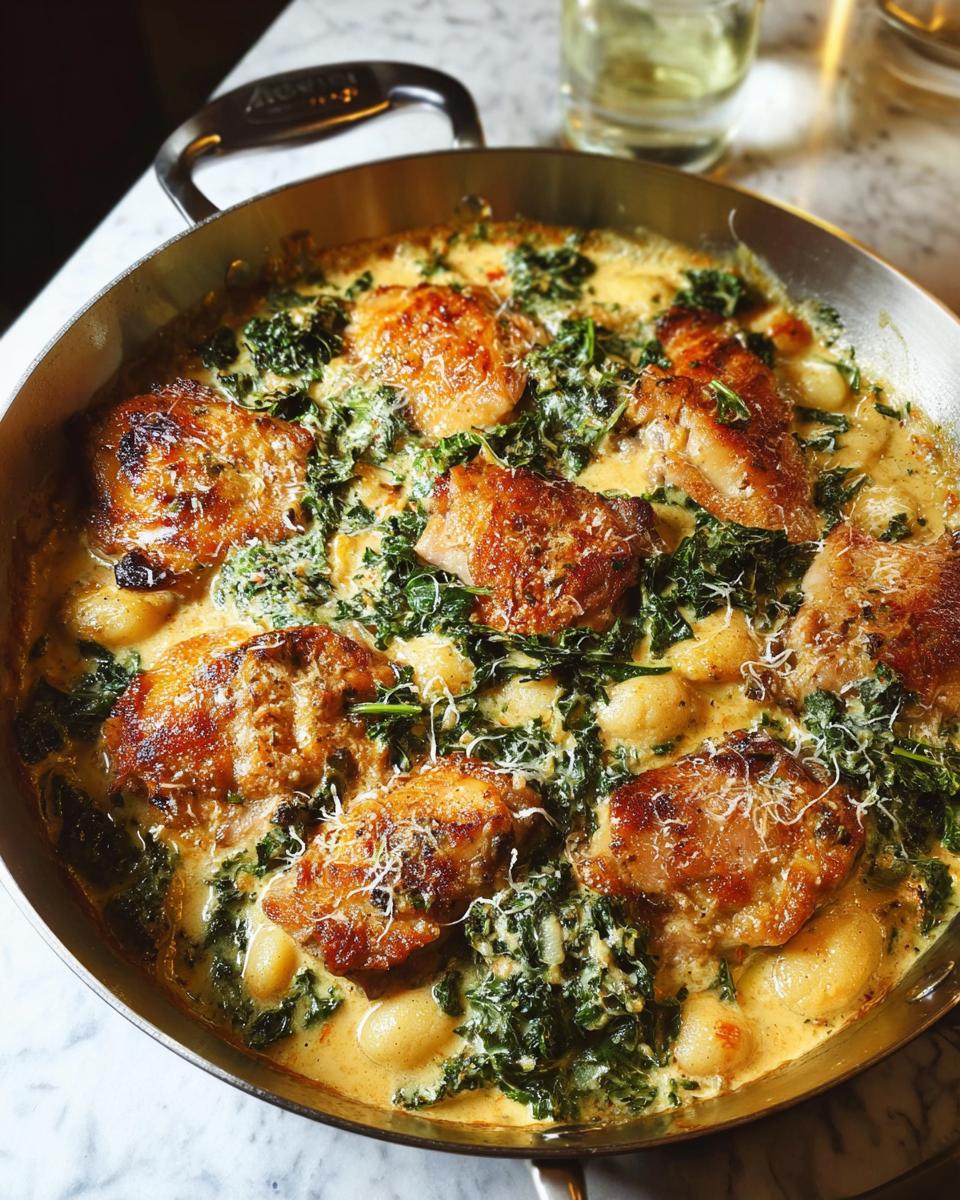 A pan of creamy chicken thighs with gnocchi and kale, a delicious dish from classic chicken thigh recipes with a twist.