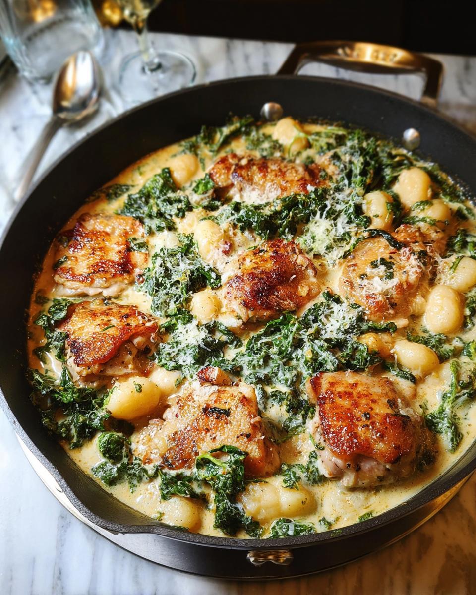 A skillet filled with creamy sauce, tender chicken thighs, gnocchi, and wilted kale, a delicious dish from classic chicken thigh recipes with a twist.