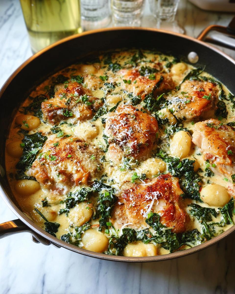 A pan of creamy chicken thighs with gnocchi and kale, a delicious dish from classic chicken thigh recipes with a twist.