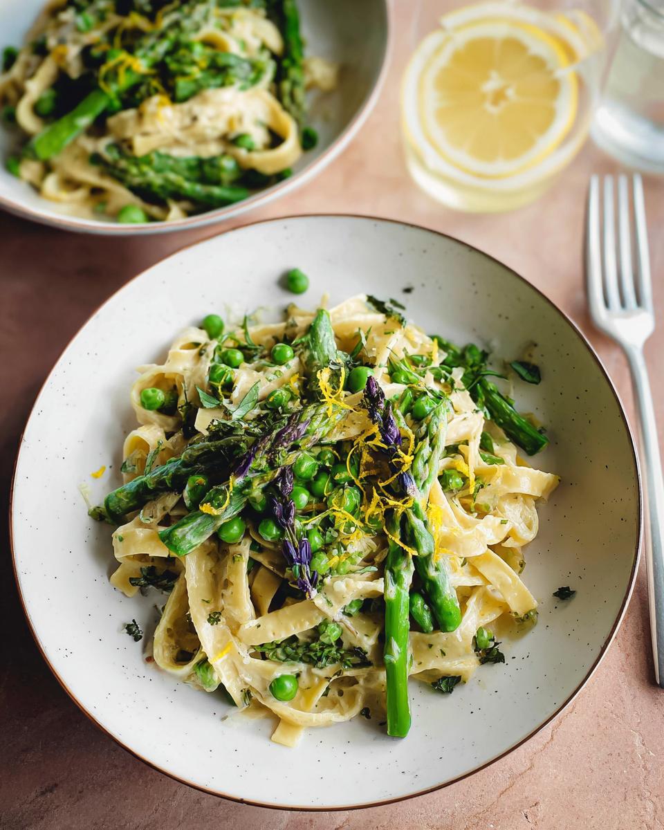 A close-up of a bowl of creamy lemon pasta with asparagus, peas, and lemon zest, perfect for simple dinner recipes at home.