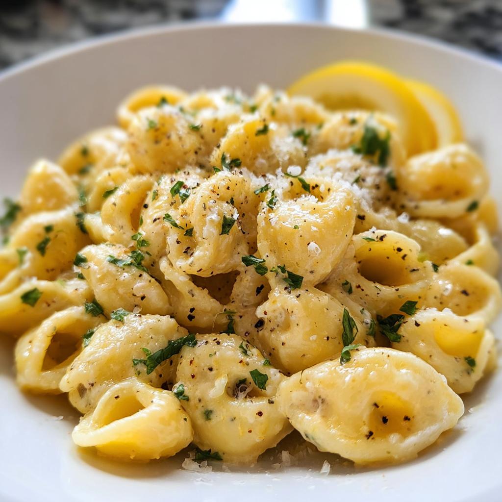 Close-up of creamy lemon pasta shells topped with parsley and grated cheese, a perfect example of how to make pasta recipes like a pro.