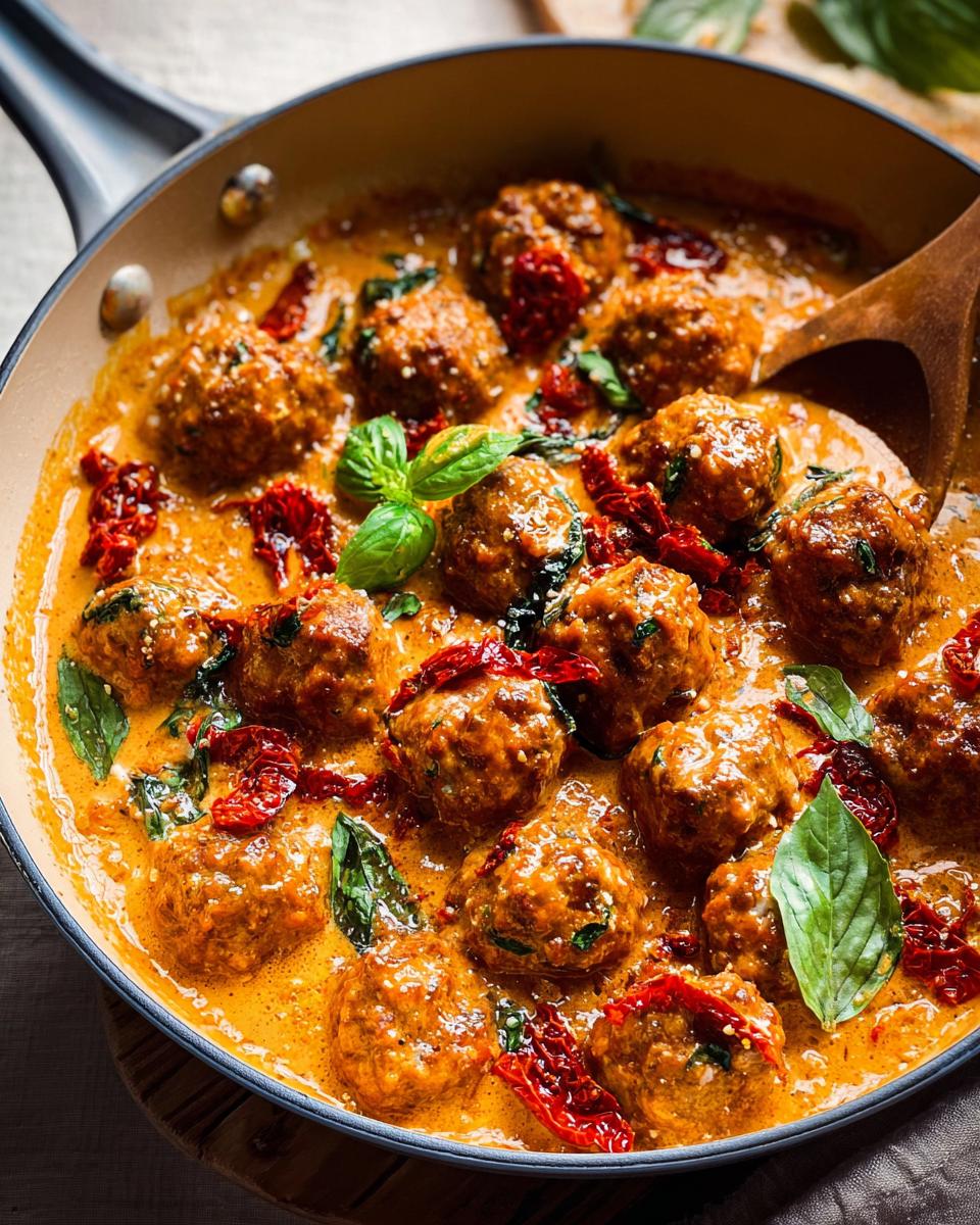 Close-up of juicy meatballs in a creamy sauce with sun-dried tomatoes and basil, perfect for cozy dinner recipes.