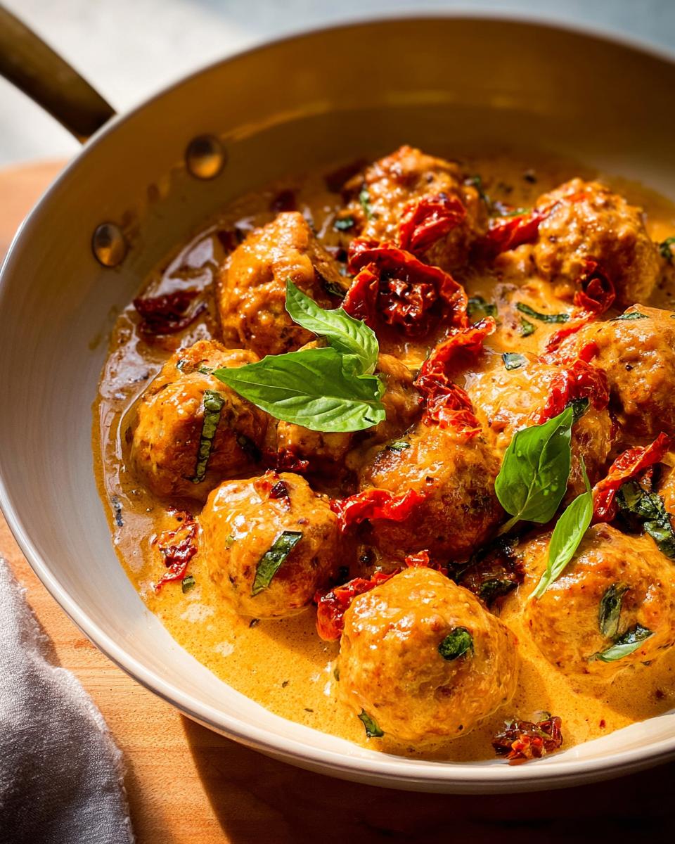 Close-up of juicy meatballs in a creamy sauce with sun-dried tomatoes and basil, perfect for cozy dinner recipes.