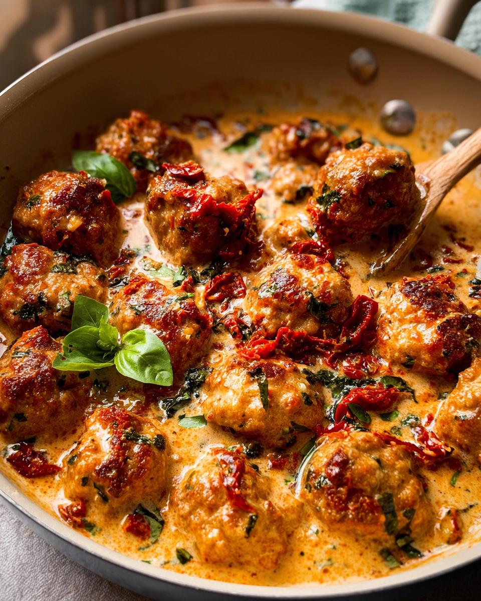 Close-up of juicy meatballs in a rich, creamy sauce with sun-dried tomatoes and basil, perfect for cozy dinner recipes.