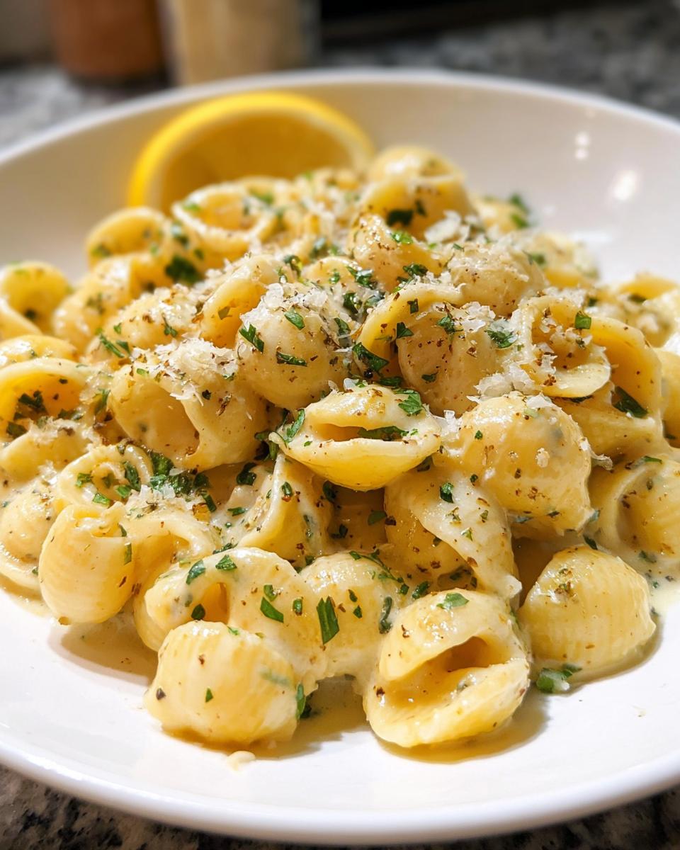 A close-up of creamy pasta shells with fresh parsley and grated cheese, garnished with a lemon slice. A perfect pasta recipe.