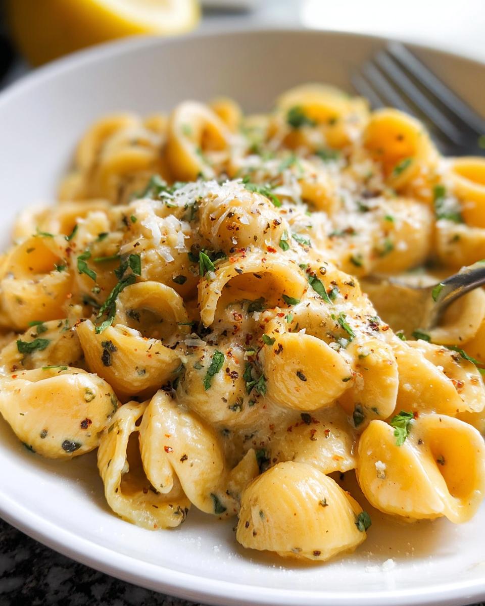 Close-up of creamy pasta shells with herbs and grated cheese, showcasing delicious pasta recipes.