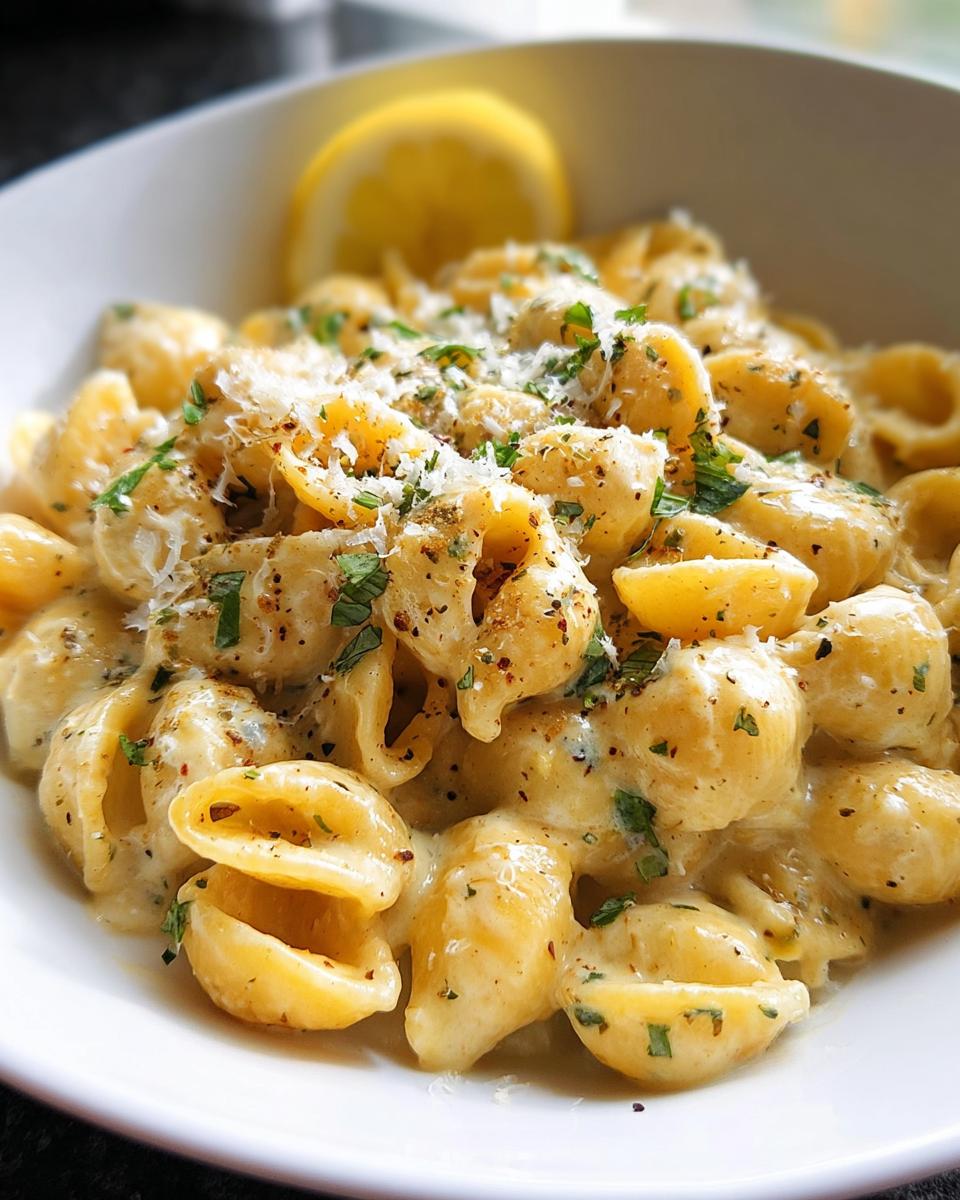 Close-up of creamy shell pasta with herbs and a lemon slice, perfect for learning how to make pasta recipes.