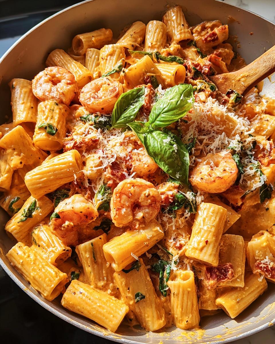 A close-up of creamy shrimp pasta with rigatoni, sun-dried tomatoes, spinach, and fresh basil, perfect for cozy pasta recipes for cold evenings.