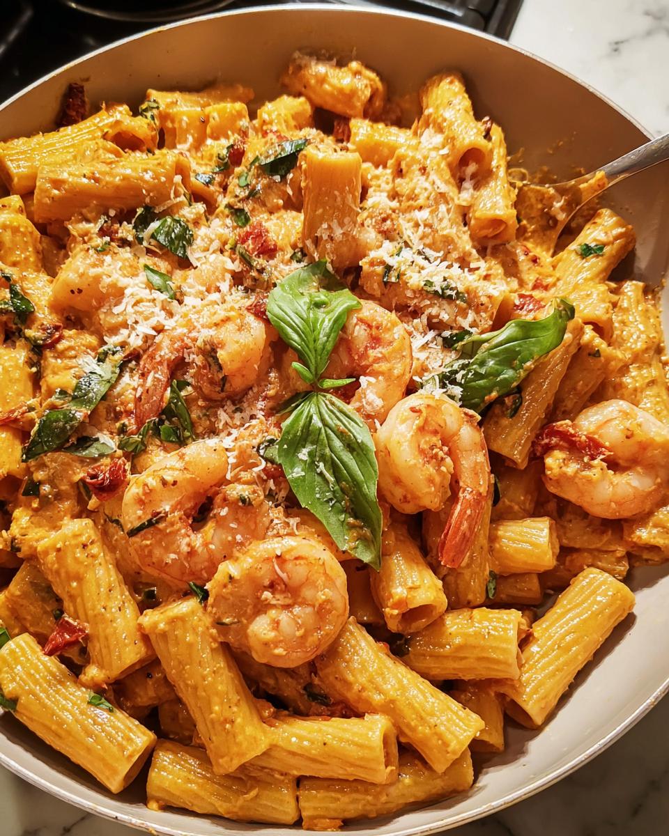 Close-up of creamy shrimp pasta with rigatoni, sun-dried tomatoes, basil, and grated cheese, perfect for cozy pasta recipes.