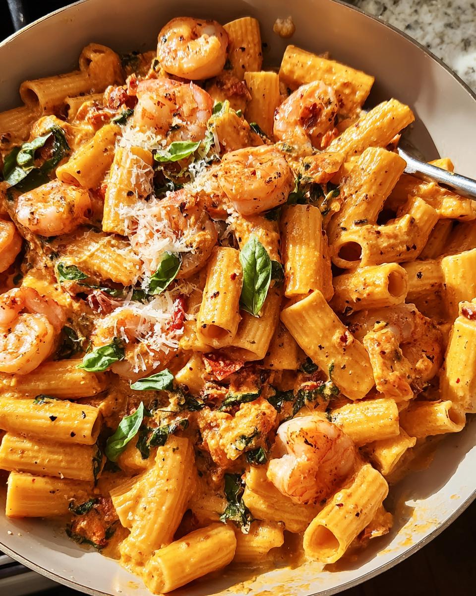 A close-up of creamy shrimp pasta with rigatoni, garnished with basil and Parmesan, perfect for cozy pasta recipes.
