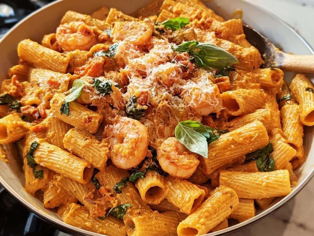 A close-up of a bowl filled with rigatoni pasta, shrimp, and a creamy orange sauce, perfect for cozy pasta recipes.
