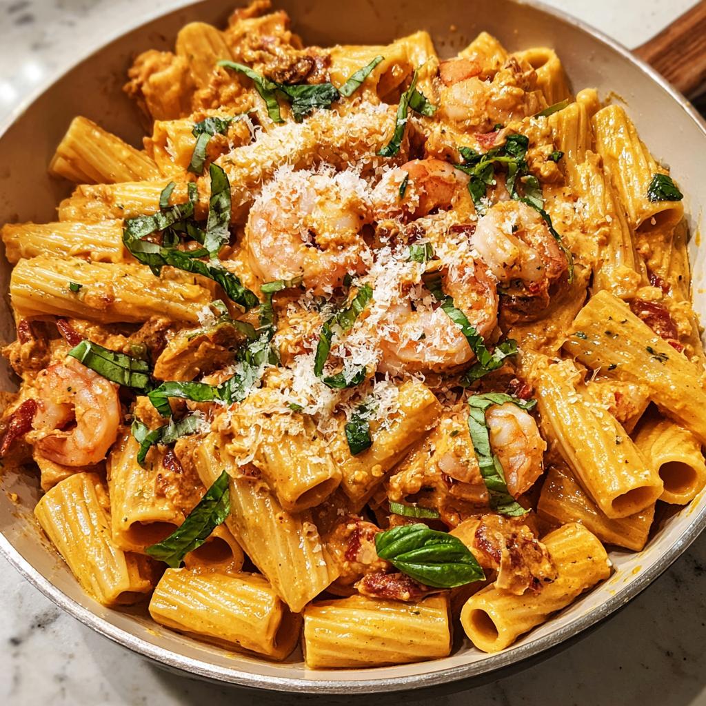 Close-up of creamy shrimp pasta with rigatoni noodles, topped with fresh basil and parmesan cheese. Perfect for cozy pasta recipes.