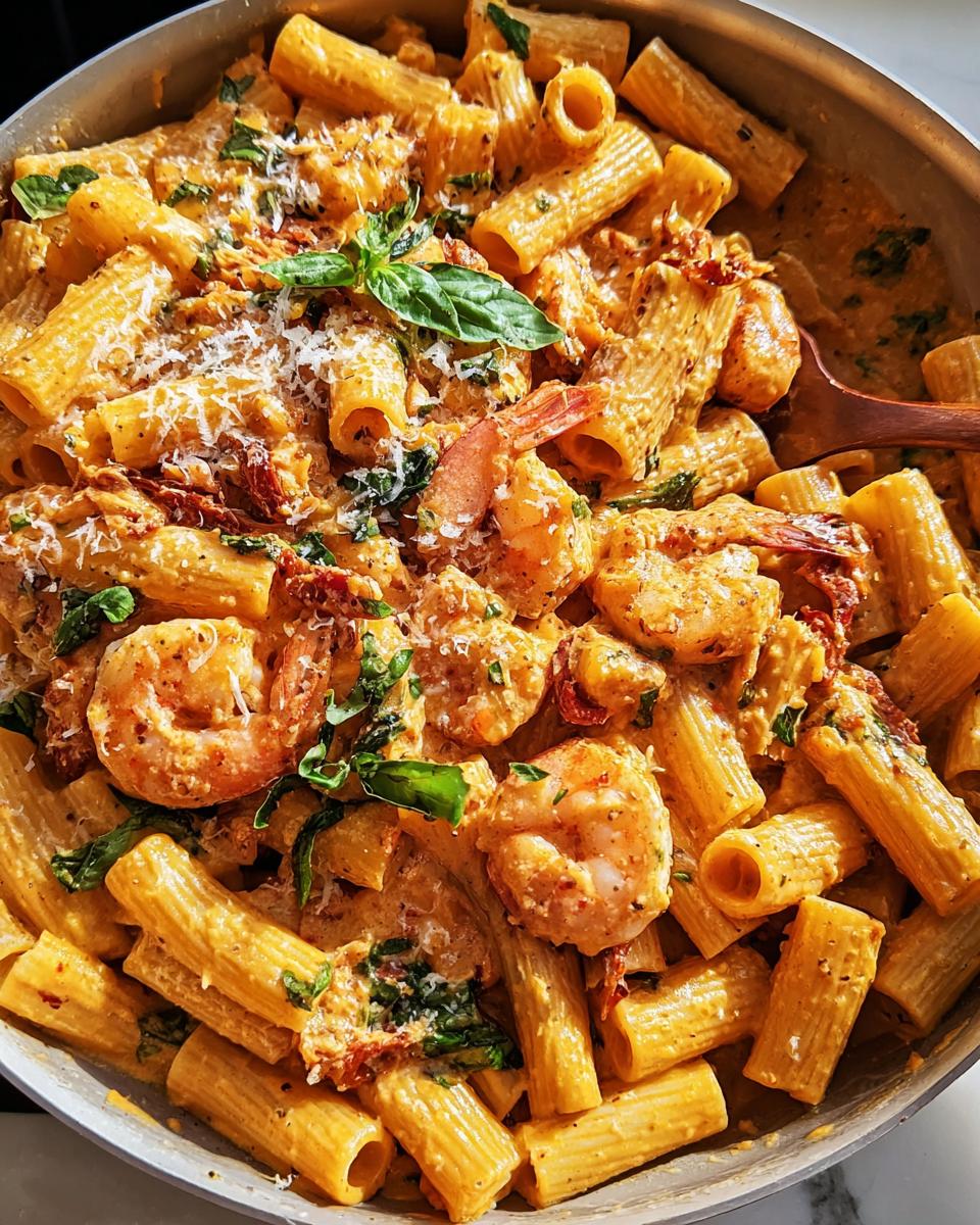 Close-up of creamy shrimp pasta with rigatoni, sun-dried tomatoes, and basil, perfect for cozy pasta recipes for cold evenings.