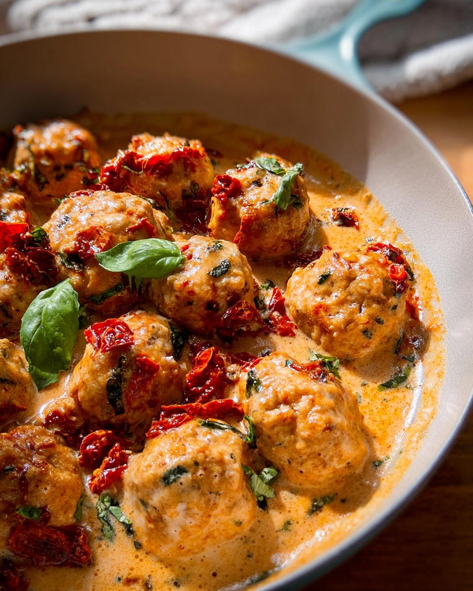 Close-up of juicy meatballs in a creamy sun-dried tomato sauce, garnished with basil, perfect for cozy dinner recipes.