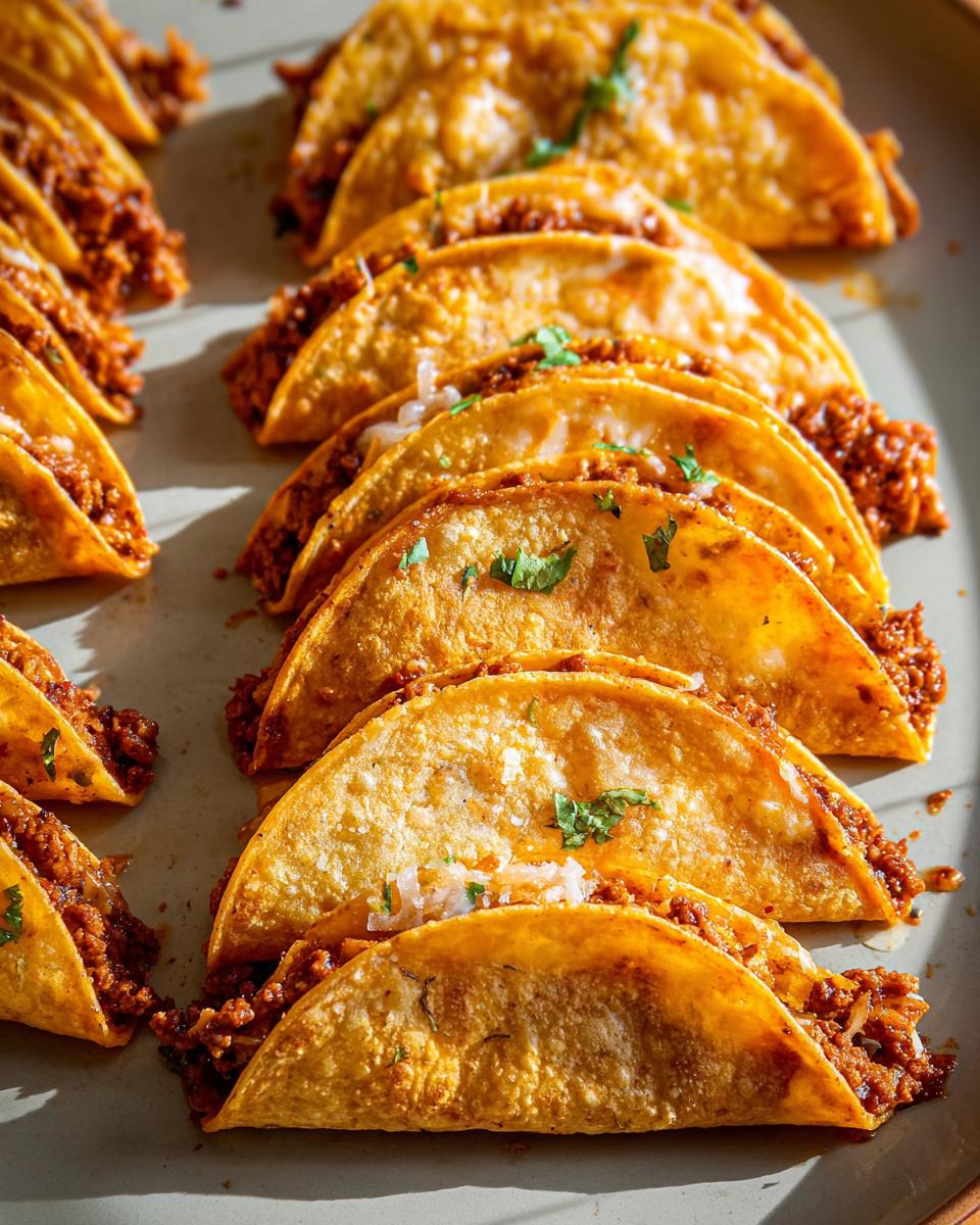 A close-up of crispy, golden-brown chicken tacos filled with seasoned ground chicken and topped with cilantro.