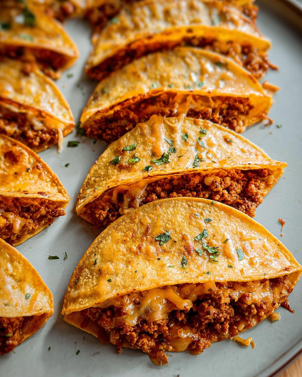Close-up of crispy chicken tacos filled with seasoned ground chicken and melted cheese, sprinkled with parsley.
