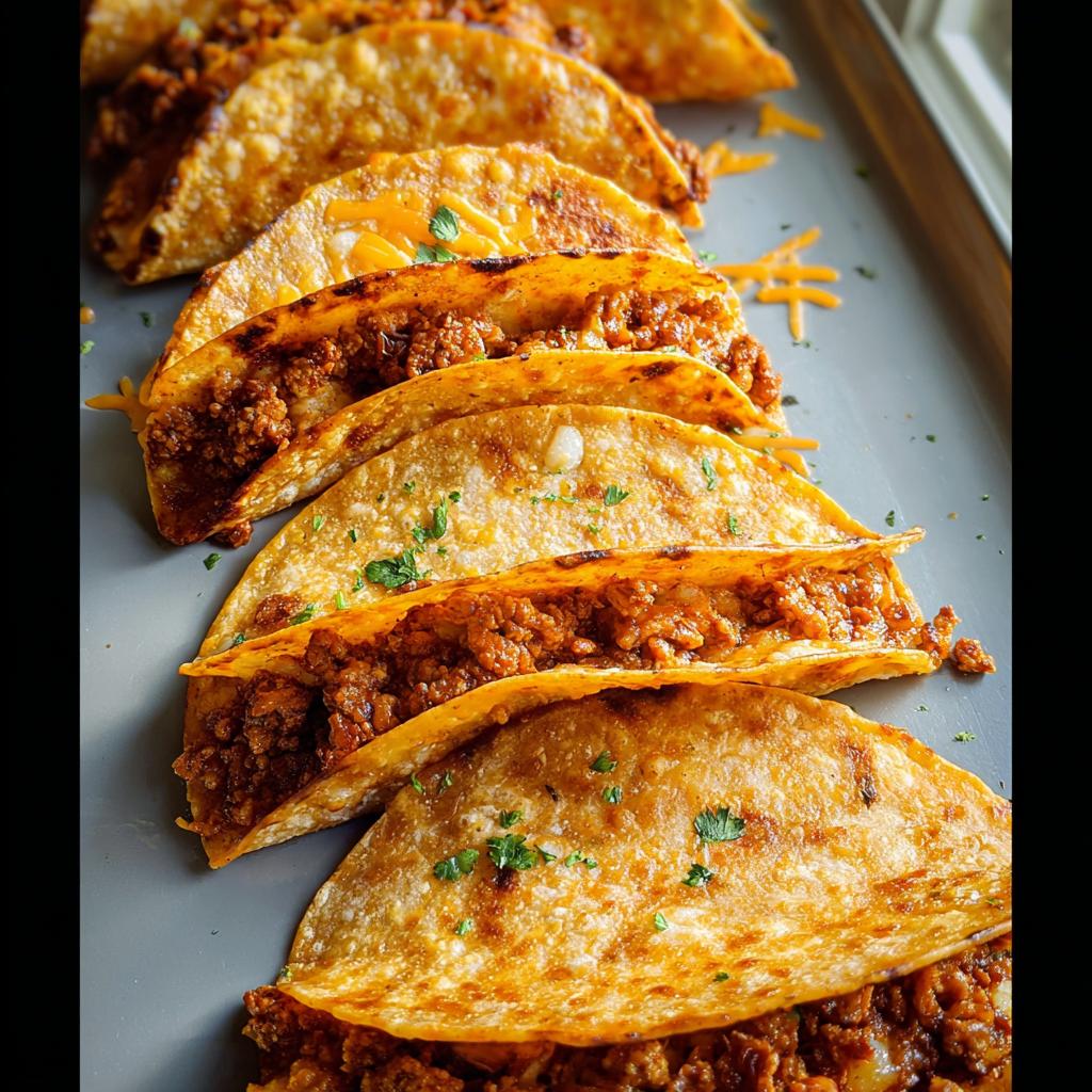 A row of golden-brown crispy tacos filled with seasoned chicken and topped with fresh parsley, perfect for weeknight chicken thigh recipes.