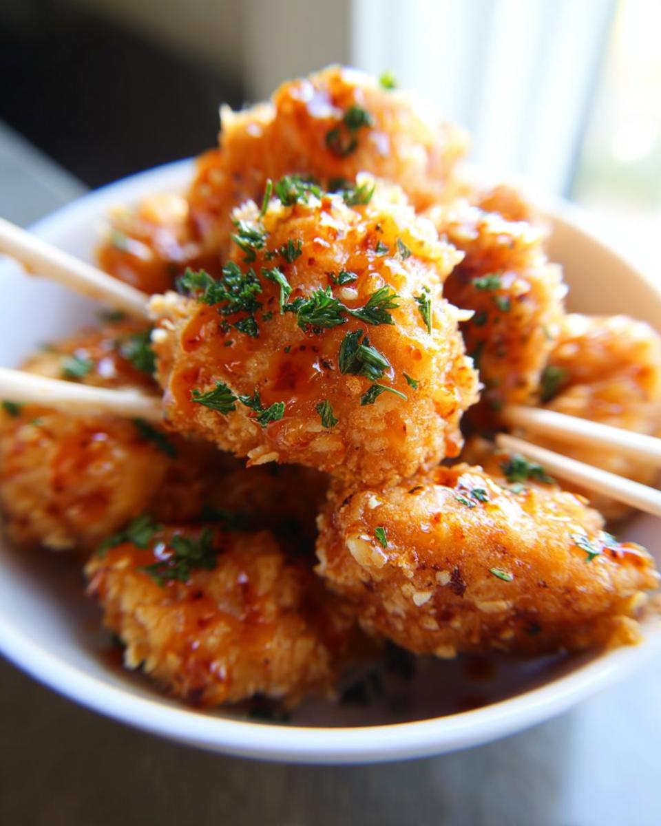 Close-up of crispy, glazed chicken thigh bites topped with fresh parsley, served with chopsticks.