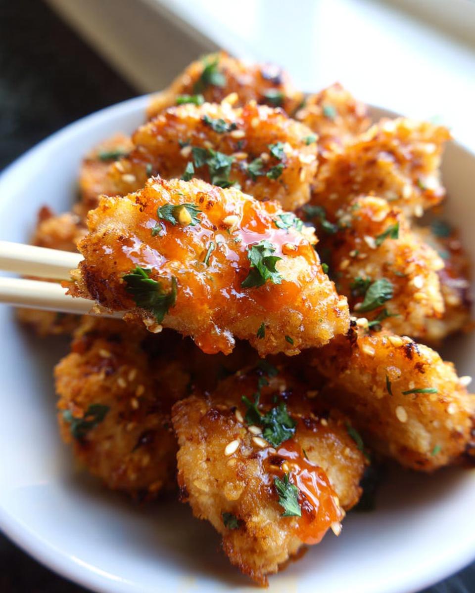 Close-up of crispy chicken thigh bites coated in a sweet and savory glaze, sprinkled with sesame seeds and parsley.