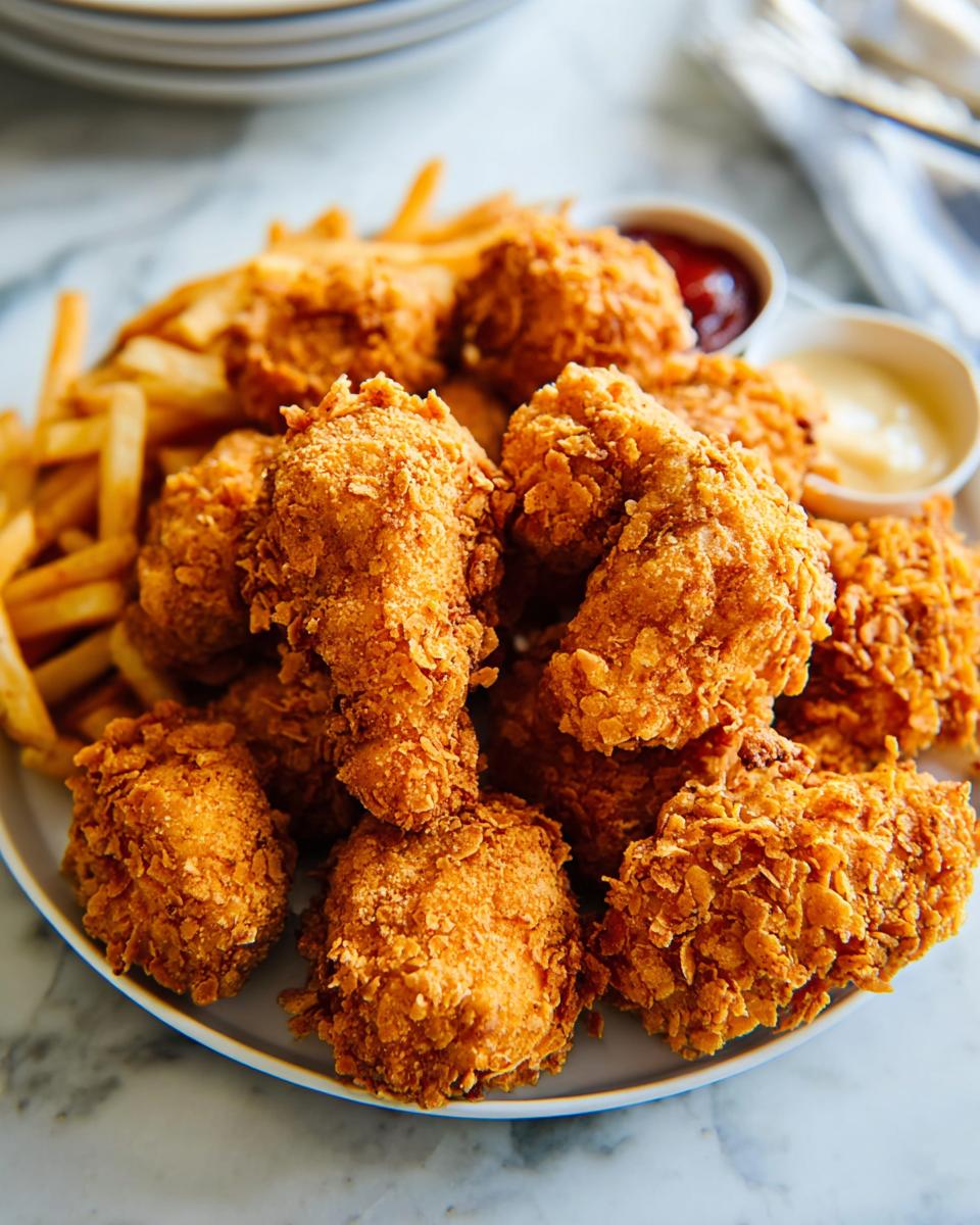 A generous serving of crispy fried chicken thighs and french fries, with small bowls of ketchup and aioli.