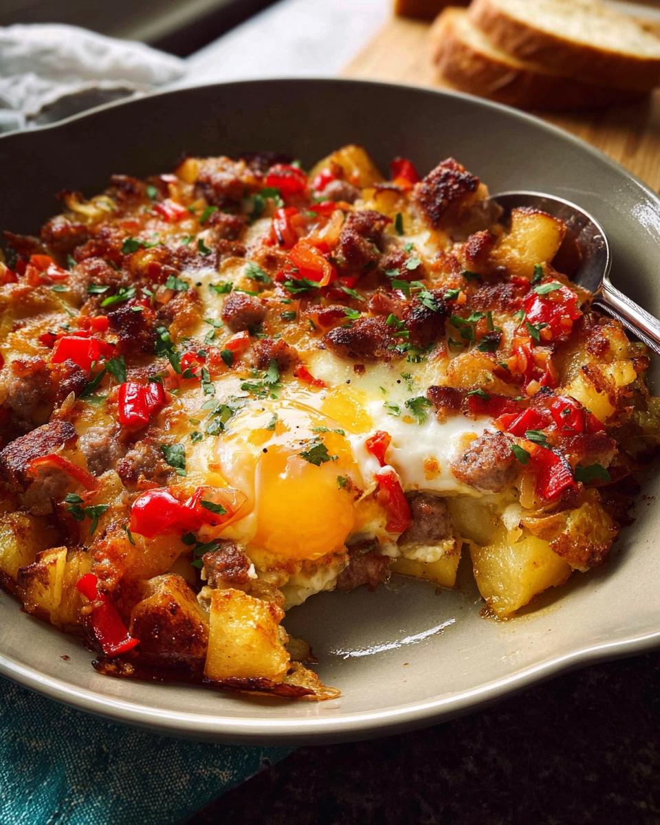 A hearty skillet dish with baked eggs, potatoes, sausage, and red peppers, perfect for easy breakfast ideas.