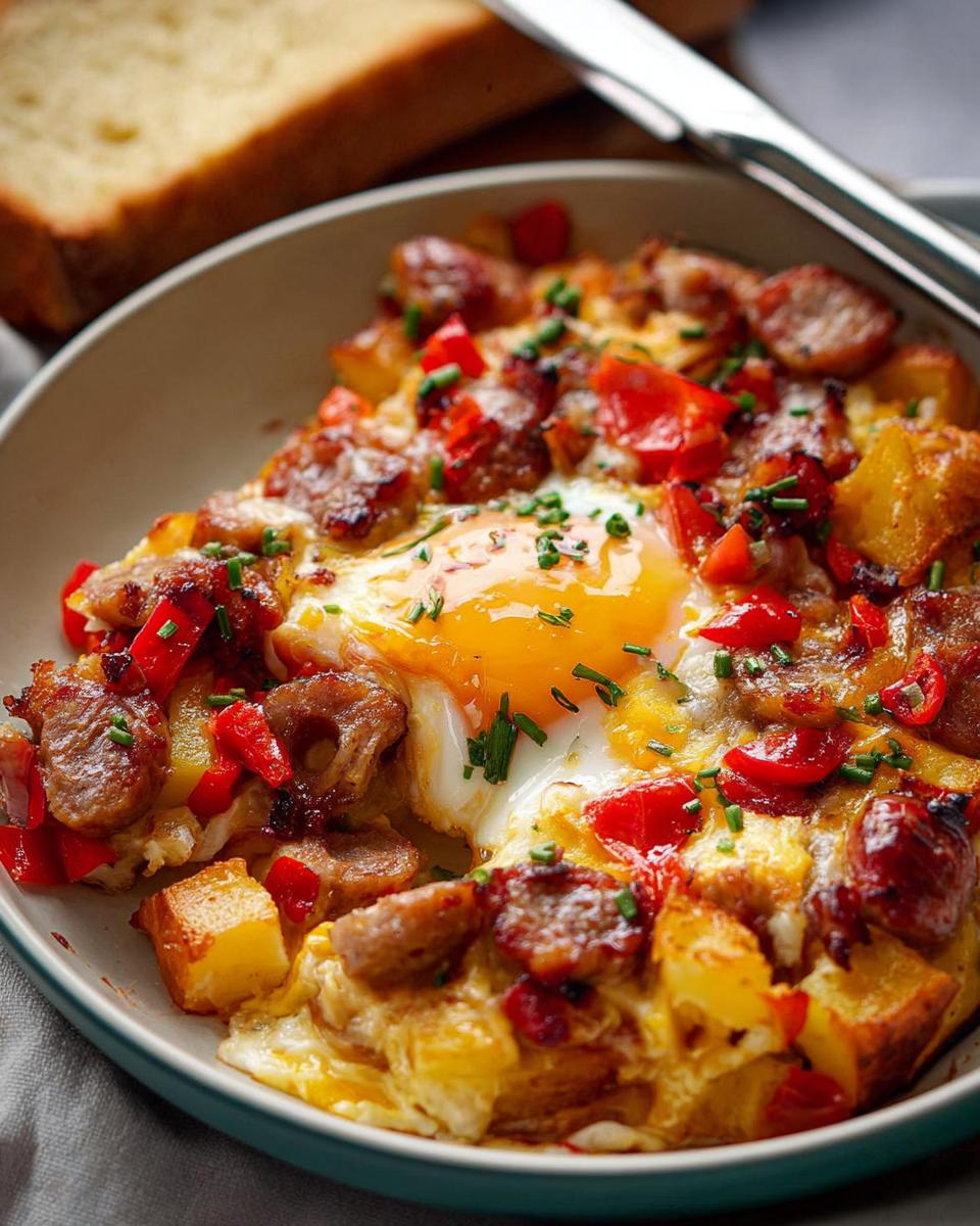 A close-up of a hearty breakfast skillet with a fried egg, sausage, potatoes, and red peppers, perfect for easy breakfast ideas.