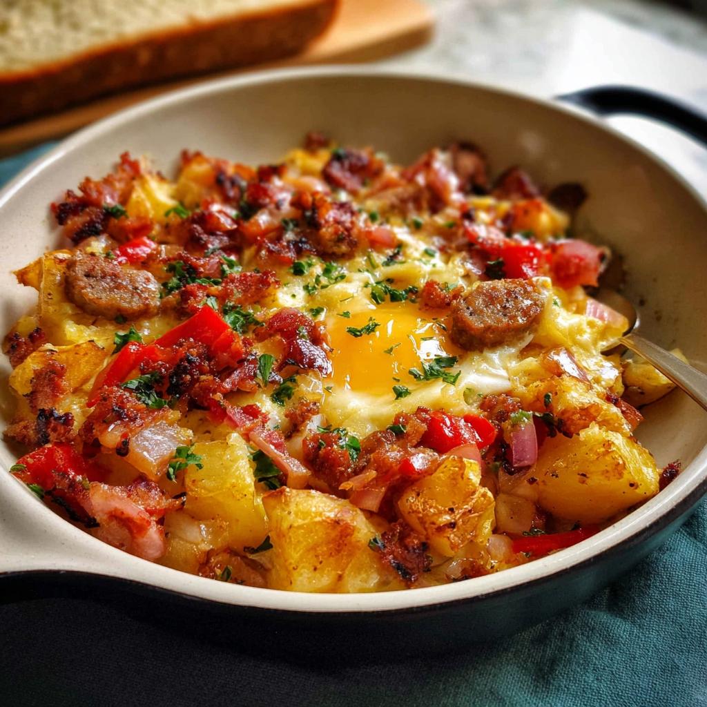 A close-up of a hearty breakfast skillet with a fried egg, potatoes, sausage, bacon, and red peppers, perfect for easy breakfast ideas.