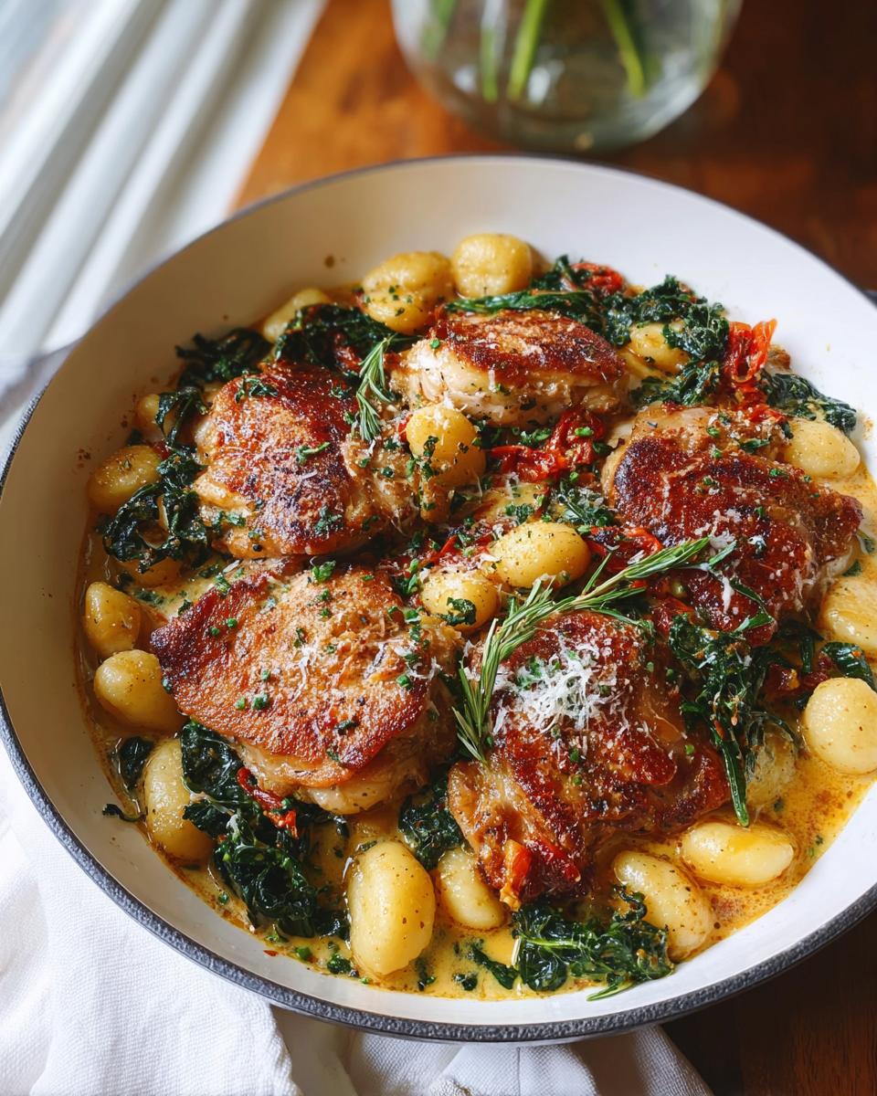 A skillet of golden-brown pan-seared chicken thighs served with gnocchi, wilted greens, and a creamy sauce, part of easy chicken thigh recipes.