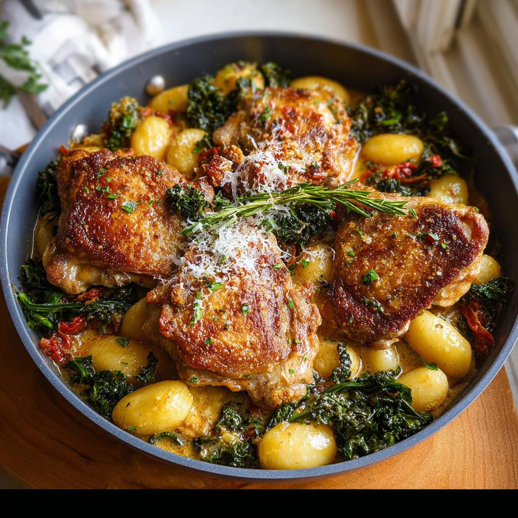 A delicious skillet meal featuring pan-seared chicken thighs with golden gnocchi, wilted kale, and sun-dried tomatoes.